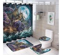LUYYSKY Colorful Watercolor Animals Octopus Shower Curtain Decor Set,Fantasy Nautical Full Moon Ocean Waves Sea Pirate Ship Bathroom Decor Sets With Rugs,Bathroom Shower Curtain Set