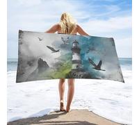 LUYYSKY Colorful Watercolor Lighthouse Absorbent Beach Towel, Beautiful Mid Century Oil Painting Nautical Ocean Waves Reef Seagull Outdoor Single-Sided Velvet Beach Towel