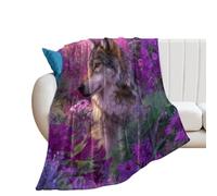 LUYYSKY Cool Abstract Animal Wolves Lightweight Flannel Blanket Colorful Natural Spring Forest Purple Flowers Floral Wildlife Wolf Cozy Soft Throw Blanket, 150x200 cm