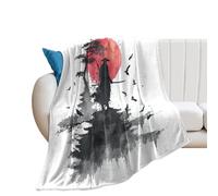 LUYYSKY Cool Abstract Samurai Silhouette Lightweight Flannel Blanket Japanese Aesthetic Red Sun Animal Crow Cozy Soft Throw Blanket, 130x150 cm