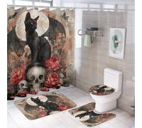 LUYYSKY Cool Gothic Black Cat 4Pcs Shower Curtain Sets,Fantasy Watercolor Animals Cat Butterfly Bat Skull Rose Full Moon Bathroom Sets with Non-Slip Rugs, Toilet Lid Cover And Bath Mat