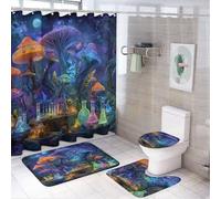 LUYYSKY Cool Magic Mushrooms 4Pcs Shower Curtain Sets,Fantasy Colorful Aurora Fairy Tale Forest Night Floral Mushroom Bathroom Sets with Non-Slip Rugs, Toilet Lid Cover And Bath Mat