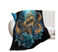LUYYSKY Cool Nautical Wildlife Octopus Flannel Blanket Bedding Sofa Decor Beautiful Full Moon Ocean Waves Pirate Ship Sea Animal Octopus Soft Warm Throw Blanket, 100x130 cm
