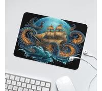 LUYYSKY Cool Nautical Wildlife Octopus Waterproof Base Mouse Pad Beautiful Full Moon Ocean Waves Pirate Ship Sea Animal Octopus Desk Accessories Decor Lightweight Mouse Pad-24 x 20CM