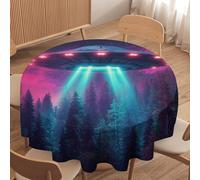 LUYYSKY Cool Realistic Funny Spaceship Waterproof Round Tablecloth Rustic Abstract Starry Sky Galaxy Pine Forest UFO Washable Table Cover for Kitchen-127 Wx127 L cm