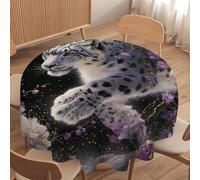 LUYYSKY Cool Realistic Snow Leopard Round Tablecloth Vintage Abstract Animal Leopard Purple Lily Flowers Washable Decor for Table Cover for Kitchen-177.8" Wx177.8 L cm