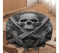 LUYYSKY Cool Rustic Viking Skeleton Waterproof Round Tablecloth Retro Abstract Nordic Mid Century Pirate Skull Skeleton Print Washable Table Cover for Kitchen-152.4" Wx152.4 L cm