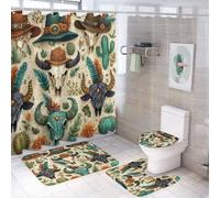 LUYYSKY Cool Western Cow Skull 4Pcs Shower Curtain Sets,Modern Cartoon Wild West Desert Plants Cactus Bull Skeleton Bathroom Sets with Non-Slip Rugs, Toilet Lid Cover And Bath Mat