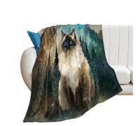 LUYYSKY Cute Abstract Pet Kitten Flannel Blanket Bedding Sofa Decor Vintage Oil Painting Starry Sky Mountain Pine Forest Animal Cat Print Soft Warm Throw Blanket, 100x130 cm