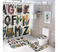 LUYYSKY Cute Beautiful Alphabet Letters 4Pcs Shower Curtain Sets,Modern Funny Pine Trees Animals Owls Alphabet ABC Bathroom Sets with Non-Slip Rugs, Toilet Lid Cover And Bath Mat