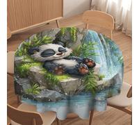LUYYSKY Cute Beautiful Asian Panda Round Tablecloth Modern Cartoon Waterfall Plant Bamboo Green Leaves Animal Panda Washable Decor for Table Cover for Kitchen-70 Wx70 L