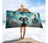 LUYYSKY Cute Beautiful Black Cat Absorbent Beach Towel, Colorful Gothic Halloween Moon Night Forest Castle Animal Cat Crow Pla Outdoor Single-Sided Velvet Beach Towel