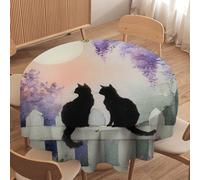 LUYYSKY Cute Beautiful Night Cat Round Tablecloth Realistic Anime Full Moon Night Japanese Animal Black Cat Plant Lilac Washable Decor for Table Cover for Kitchen-50 Wx50 L