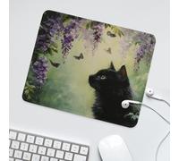 LUYYSKY Cute Beautiful Spring Cat Waterproof Base Mouse Pad Colorful Rustic Animals Black Cat Butterflies Plant Lilac Flowers Patt Desk Accessories Decor Lightweight Mouse Pad-30 x 25 CM
