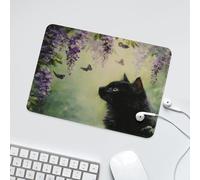 LUYYSKY Cute Beautiful Spring Cat Waterproof Base Mouse Pad Colorful Rustic Animals Black Cat Butterflies Plant Lilac Flowers Patt Desk Accessories Decor Lightweight Mouse Pad-24 x 20 CM