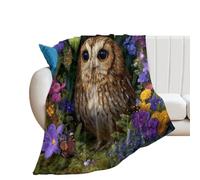 LUYYSKY Cute Cartoon Forest Owl Lightweight Flannel Blanket Classic Colorful Plants Flowers Green Leaves Animal Owls Cozy Soft Throw Blanket, 150x200 cm