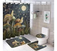 LUYYSKY Cute Classic Animal Snail 4Pcs Shower Curtain Sets,Modern Abstract Full Moon Starry Sky Plant Mushroom Print Bathroom Sets with Non-Slip Rugs, Toilet Lid Cover And Bath Mat-182cm W x 182cm L