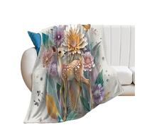 LUYYSKY Cute Fantasy Bohemian Realistic Deer Flannel Blanket Bedding Sofa Decor Colorful Classic Animal Elk Butterfly Plant Flowers Pattern Soft Warm Throw Blanket, 130x150 cm