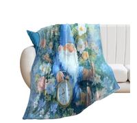 LUYYSKY Cute Funny Anime Gnome Lightweight Flannel Blanket Rustic Watercolor Spring Botanical Plant Flowers Clock Print Cozy Soft Throw Blanket, 76x100 cm