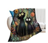 LUYYSKY Cute Funny Black Cat Flannel Blanket Bedding Sofa Decor Colorful Abstract Night Sky Animals Cats Plants Flowers Soft Warm Throw Blanket, 100x130 cm