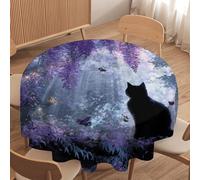 LUYYSKY Cute Funny Black Cat Waterproof Round Tablecloth Classic Natural Spring Natural Plant Wisteria Floral Animal Butterfly Washable Table Cover for Kitchen-50 Wx50 L