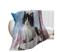 LUYYSKY Cute Modern Black&White Cat Lightweight Flannel Blanket Classic Realistic Spring Garden Plant Wisteria Floral Animal Kitten Pr Cozy Soft Throw Blanket, 76x100 cm