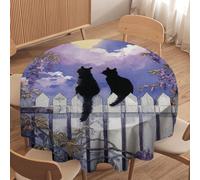LUYYSKY Cute Realistic Black Cat Waterproof Round Tablecloth Rustic Full Moon Night Japanese Animal Black Cat Plant Lilac Floral P Washable Table Cover for Kitchen-60 Wx60 L