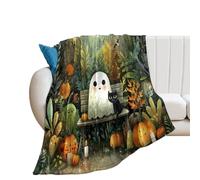 LUYYSKY Cute Rustic Cartoon Ghost Flannel Blanket Bedding Sofa Decor Fantasy Spooky Halloween Night Forest Animal Cat Plant Pumpkin Print Soft Warm Throw Blanket, 130x150 cm