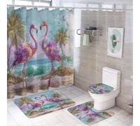 LUYYSKY Cute Rustic Flamingo 4Pcs Shower Curtain Sets,Fantasy Realistic Coastal Ocean Beach Tropical Couple Animal Bathroom Sets with Non-Slip Rugs, Toilet Lid Cover And Bath Mat