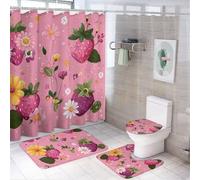 LUYYSKY Cute Watercolor Fruit Strawberry 4Pcs Shower Curtain Sets,Beautiful Cartoon Spring Garden Plants Strawberry Floral Bathroom Sets with Non-Slip Rugs, Toilet Lid Cover And Bath Mat