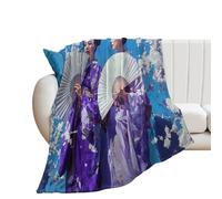 LUYYSKY Elegant Retro Japanese Geisha Lightweight Flannel Blanket Beautiful Modern Spring Plant Cherry Blossom Tree Asian Girl Pattern Cozy Soft Throw Blanket, 76x100 cm