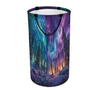 LUYYSKY Fantacy Realistic Aurora Borealis Collapsible Dirty Clothes Basket, Colorful Beautiful Northern Light Galaxy Pine Tree Starry Sky Portable Clothes Storage Basket