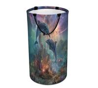 LUYYSKY Fantasy Beautiful Dolphins Collapsible Dirty Clothes Basket, Colorful Underwater Coral Ocean Animal Dolphin Portable Clothes Storage Basket