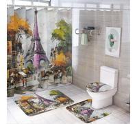 LUYYSKY Fantasy Beautiful Eiffel Towers 4Pcs Shower Curtain Sets,Colorful Oil Painting France Paris Tower Bathroom Sets with Non-Slip Rugs, Toilet Lid Cover And Bath Mat