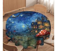 LUYYSKY Fantasy Classic Enchanted Forest Waterproof Round Tablecloth Beautiful Cartoon Starry Sky Fairy House Mushroom Animal Butterfly Washable Table Cover for Kitchen-152.4" Wx152.4 L cm