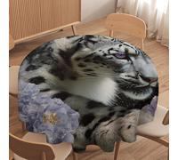 LUYYSKY Fantasy Classic Snow Leopard Waterproof Round Tablecloth Beautiful Realistic Animal Leopard Purple Lily Floral Washable Table Cover for Kitchen-127 Wx127 L cm