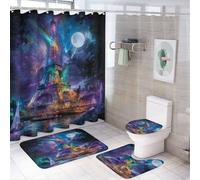 LUYYSKY Fantasy Colorful Eiffel Tower 4Pcs Shower Curtain Sets,Oil Painting Beautiful Galaxy Full Moon France Paris Tower Bathroom Sets with Non-Slip Rugs, Toilet Lid Cover And Bath Mat