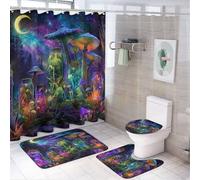 LUYYSKY Fantasy Colorful Mushrooms 4Pcs Shower Curtain Sets,Magic Cool Aurora Fairy Tale Forest Night Floral Mushroom Bathroom Sets with Non-Slip Rugs, Toilet Lid Cover And Bath Mat