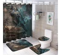 LUYYSKY Fantasy Colorful Ravens 4Pcs Shower Curtain Sets,Rustic Vintage Mid Century Magic Books Wildlife Gothic Crow Bathroom Sets with Non-Slip Rugs, Toilet Lid Cover And Bath Mat