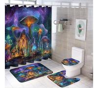 LUYYSKY Fantasy Cool Mushrooms 4Pcs Shower Curtain Sets,Colorful Magic Aurora Fairy Tale Forest Night Floral Mushroom Bathroom Sets with Non-Slip Rugs, Toilet Lid Cover And Bath Mat