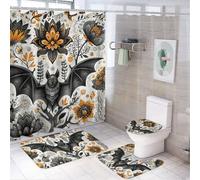 LUYYSKY Fantasy Gothic Night Bats 4Pcs Shower Curtain Sets,Colorful Natural Oil Painting Halloween Animals Bats Plants Flowers Bathroom Sets with Non-Slip Rugs, Toilet Lid Cover And Bath Mat