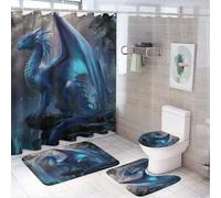 LUYYSKY Fantasy Mythical 4Pcs Shower Curtain Sets,Watercolor Mid Century Spring Forest Waterfalls Dragon Bathroom Sets with Non-Slip Rugs, Toilet Lid Cover And Bath Mat
