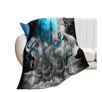 LUYYSKY Fantasy Nautical Animals Octopus Flannel Blanket Bedding Sofa Decor Beautiful Watercolor Full Moon Ocean Waves Pirate Ship Octopus Soft Warm Throw Blanket, 76x100 cm