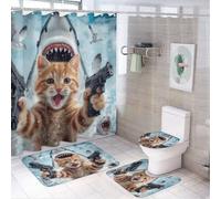 LUYYSKY Fantasy Nautical Shark Shower Curtain Decor Set,Cool Funny Cat Great Waves Marine Theme Ocean Shark Bathroom Decor Sets With Rugs,Bathroom Shower Curtain Set