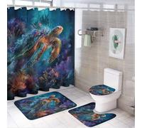 LUYYSKY Fantasy Nautical Turtle Shower Curtain Decor Set,Colorful Underwater Ocean Tropical Fish Coral Sea Turtle Bathroom Decor Sets With Rugs,Bathroom Shower Curtain Set