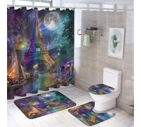 LUYYSKY Fantasy Oil Painting Eiffel Tower 4Pcs Shower Curtain Sets,Colorful Beautiful Galaxy Full Moon France Paris Tower Bathroom Sets with Non-Slip Rugs, Toilet Lid Cover And Bath Mat