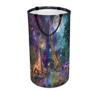 LUYYSKY Fantasy Oil Painting Eiffel Tower Collapsible Dirty Clothes Basket, Colorful Beautiful Galaxy Full Moon France Paris Tower Portable Clothes Storage Basket