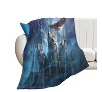 LUYYSKY Fantasy Realistic Animals Wolves Flannel Blanket Bedding Sofa Decor Natural Vibrant Full Moon Mountains Wildlife Wolf Eagles Soft Warm Throw Blanket, 76x100 cm