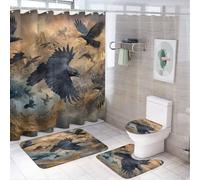 LUYYSKY Fantasy Realistic Crows 4Pcs Shower Curtain Sets,Vintage Rustic Halloween Theme Wild Animals Black Raven Bathroom Sets with Non-Slip Rugs, Toilet Lid Cover And Bath Mat