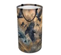 LUYYSKY Fantasy Realistic Crows Versatile Storage Laundry Basket, Vintage Rustic Halloween Theme Wild Animals Black Raven Large Capacity Bathroom Hamper With Handle